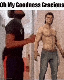 a shirtless man is standing next to another shirtless man in a room .