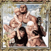 a painting of a group of people including a man holding a child