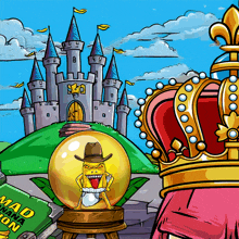 a cartoon drawing of a castle and a snow globe with a cowboy in it