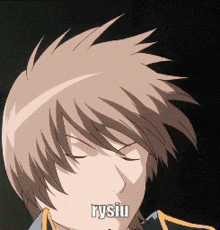 a close up of a person 's face with the word rysiu written on it