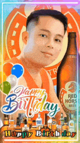 a man with a bottle of red horse beer behind him