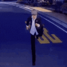 a man in a suit and tie is running down a street with the words persona 4 r below him