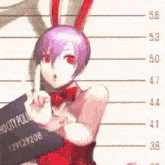 a girl in a bunny costume is standing in front of a police line up .