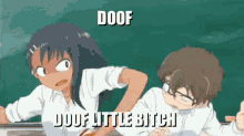 a boy and a girl are standing next to each other in front of a blackboard and the girl is yelling at the boy .