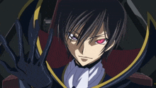 a close up of a person with red eyes and a purple cape