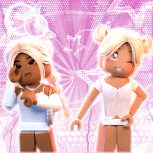 two dolls are standing next to each other with a purple background