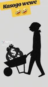 a silhouette of a man pushing a wheelbarrow filled with money