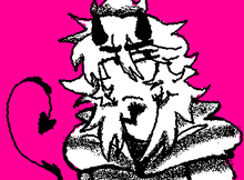 a black and white drawing of a devil with horns and a tail on a pink background