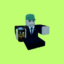 a man in a suit and tie is holding a can of coca cola