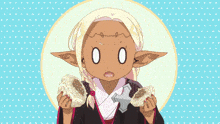 a girl with a surprised look on her face is holding a sword and a bun