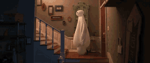 a cartoon character is standing in a hallway with stairs and a sign that says welcome