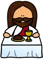 a cartoon of jesus sitting at a table eating bread and wine