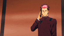a man with pink hair is talking on a cellphone