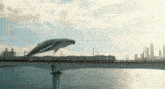 a train is going over a bridge with a whale on top