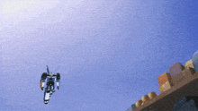 a robot is flying through a blue sky with boxes in the background