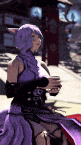 a woman in a purple dress is holding a cup in her hand