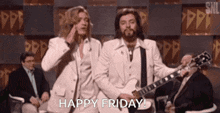 a man is playing a guitar and a woman is covering her ears with her hands while another man says happy friday