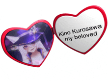 a heart shaped mirror with a picture of a girl and the words kino kurosawa my beloved