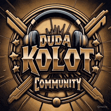a logo for duda kolot community with headphones and crossed guns