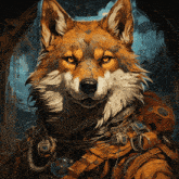 a painting of a fox wearing a suit with a clock on it