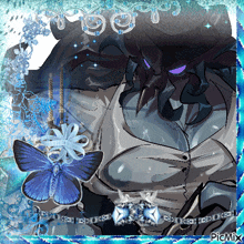 a drawing of a monster with a blue butterfly and the word picmix on the bottom