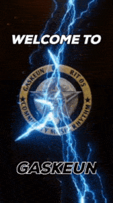 a sign that says welcome to gaskeun with a lightning bolt