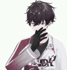 a boy with black hair and a jacket that says army on it
