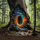 a painting of a tree with a portal in the middle of the forest
