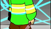 a cartoon character is holding a large knife .