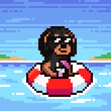 a pixel art drawing of a dog floating in a life preserver