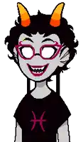 a pixel art drawing of a girl with horns and glasses with the letter h on her shirt