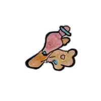 a drawing of a teddy bear laying down with a bottle on its head