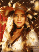 a woman in a cowboy hat is surrounded by confetti