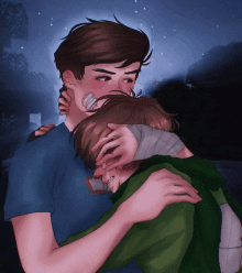 a drawing of a man hugging another man with a bandage on his head