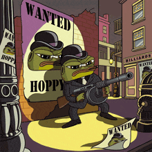 a cartoon of a man holding a gun with a wanted sign above him