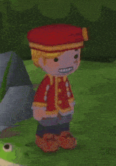 a cartoon character wearing a red hat is standing in a field .