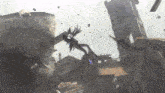 a video game character is flying through the air in front of a building