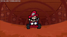 a cartoon of mario holding a bomb in a kart
