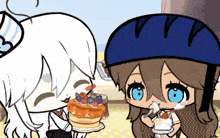 a cartoon girl wearing a blue helmet is holding a pancakes