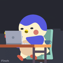 an illustration of a penguin sitting at a desk with a laptop and the word finch on the bottom right