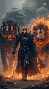 a knight in armor is standing next to two tigers on a chain .
