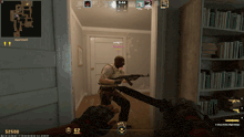 a screenshot of a video game shows a man holding a knife in a room