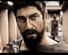 a man with a beard and a shield is standing in front of a crowd .
