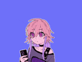 a drawing of a girl with pink hair covering her mouth