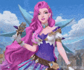 a cartoon girl with long pink hair is holding a microphone in her hand .