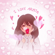 a drawing of a girl with hearts and the words i love arysta