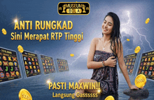 a woman is sitting on a rock in front of a slot machine with the words pasti maxwin