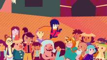a group of cartoon characters are gathered in a room