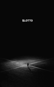 a black and white photo of a man standing in the middle of a field with the words $ lotto above him