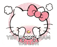a hello kitty with a pink bow on her head is making a funny face .